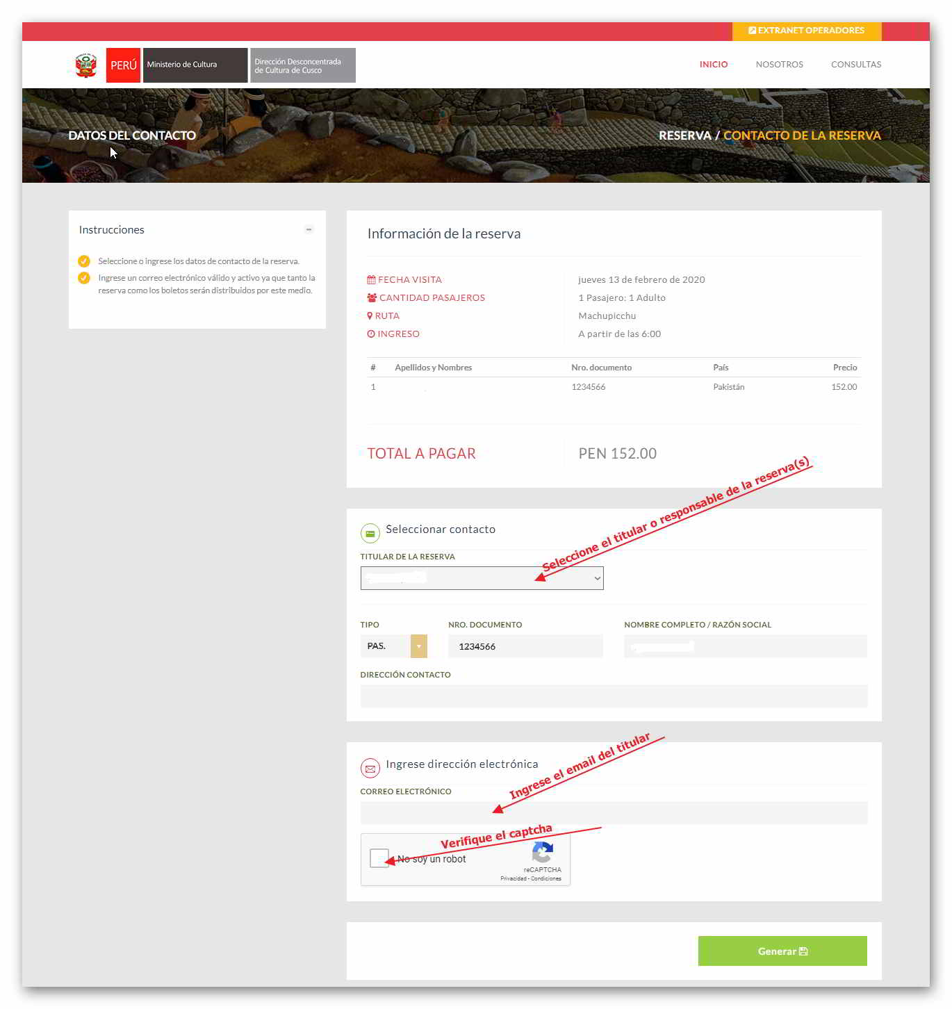 05 Seleccione Los Datos De Contacto De La Reserva Ingrese Email Para Recibir Los Datos